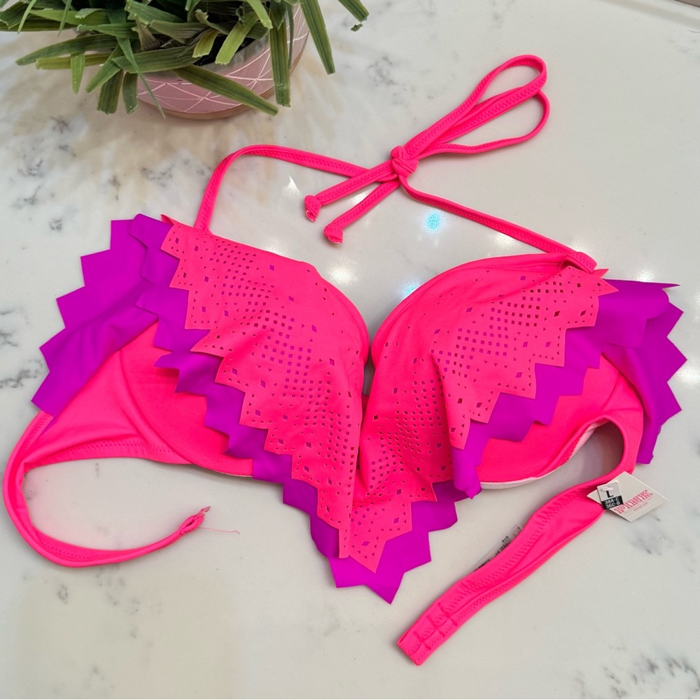 Victoria's Secret Hot Pink and Neon Purple Laser Cut Layered Flounce Bikini Top
